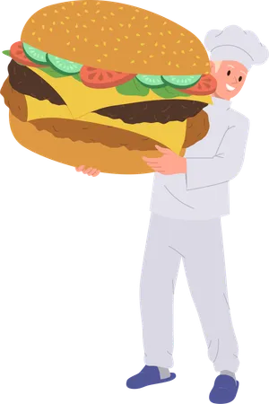 Man Cook Master Chef Cartoon Character Wearing Uniform Holding Giant Tasty Burger Junk Fast Food Vector Illustration Isolated On White Background Bistro Snack Restaurant Meal Menu Presentation Illustration