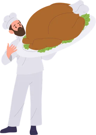 Happy Man Cook Master Chef Cartoon Character Wearing Uniform Holding Barbeque Hen Or Roasted Turkey Standing Isolated Vector Illustration Traditional Holiday Food Or Restaurant Menu Presentation Illustration