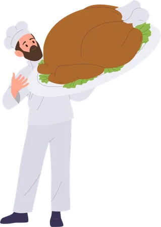 Man chef holding roasted turkey  Illustration