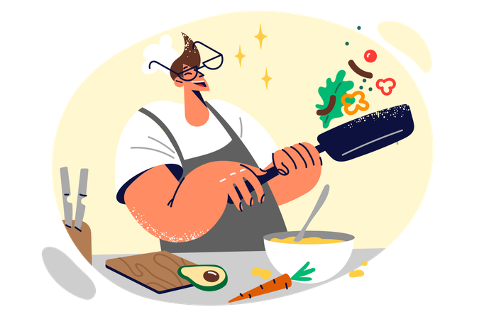 Man chef holds frying pan and prepares food throws up ingredients to avoid burning during frying  Illustration