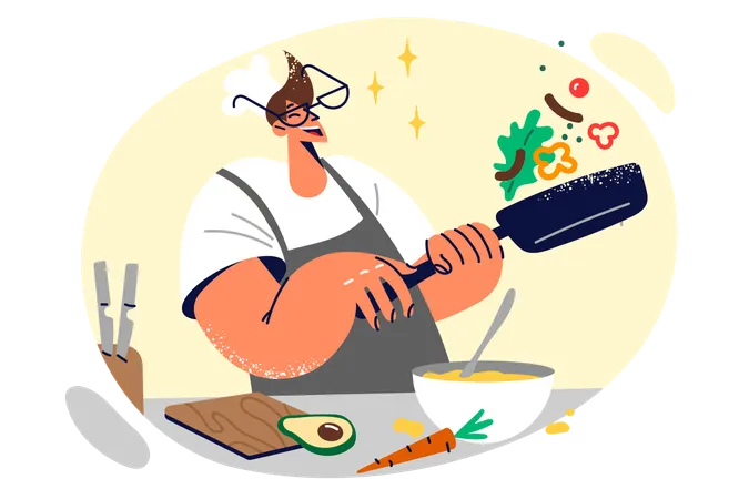 Man chef holds frying pan and prepares food throws up ingredients to avoid burning during frying  Illustration