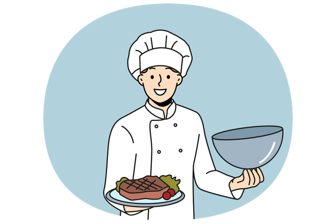 Man chef holds tray with beef steak and vegetables, inviting you to visit restaurant  Illustration