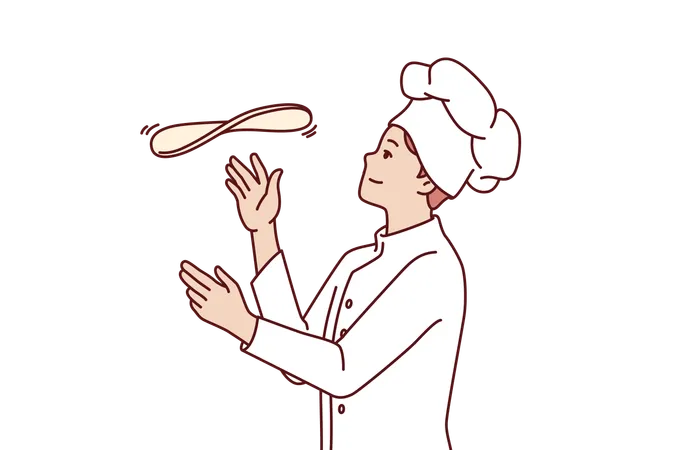 Man Chef Prepares Pizza By Tossing Dough In Open Kitchen Restaurant With Traditional Italian Food Guy In Chef Hat Works In Pizzeria And Cook Pizza According To Classic Old Recipe Illustration