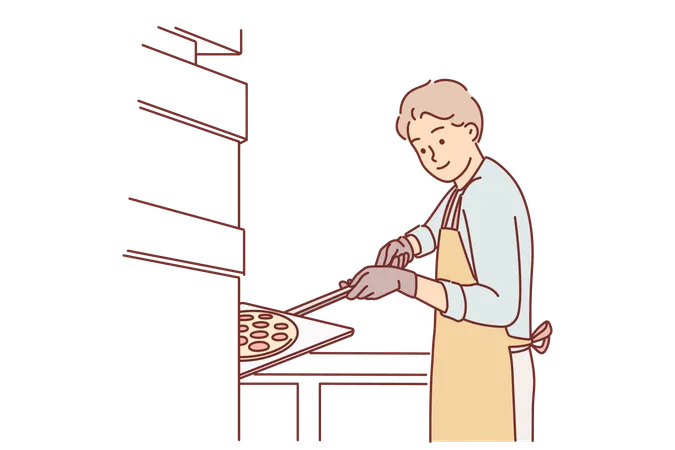 Man Prepares Pizza Standing In Kitchen Italian Restaurant Working As Chef And Putting Traditional Thin Crust Pie Into Oven Guy In Apron Is Making Classic Pizza With Tomatoes And Mozzarella Cheese Illustration
