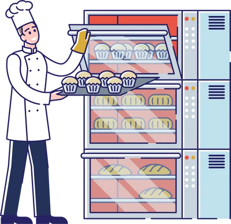 Concept Of Modern Professional Manufacturing Process In Bakery Man Chef Baker Or Confectioner In Uniform Put Cupcakes To Industrial Oven To Bake Cartoon Linear Outline Flat Vector Illustration Illustration