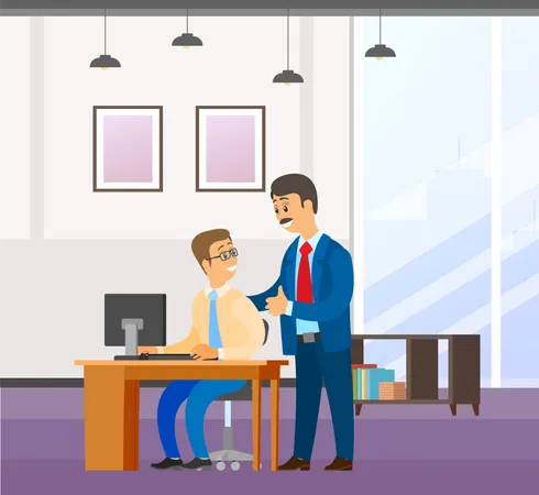 Two Businessman Communicates Good Deal Concept Of Business Partnership Vector Cartoon Style Characters Conclude Success Agreement Man Chief Praises A Young Smiling Subordinate Holding His Shoulder Illustration