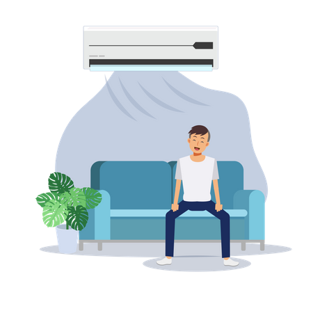 Man chilling on the couch under the air conditioner  Illustration