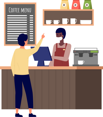 Man choose cakes and buy coffee at bakery shop  Illustration