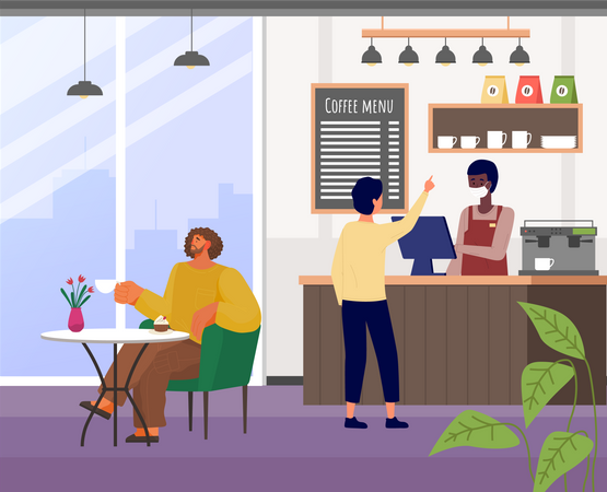 Man choose cakes and buy coffee at bakery shop or cafe. Male barista seller in face mask in bakery  Illustration