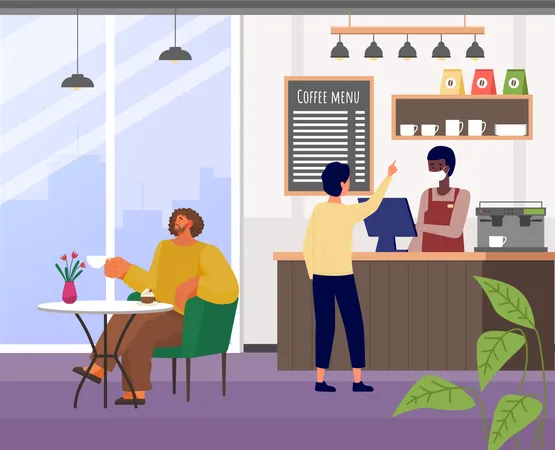 Man Choose Cakes And Buy Coffee At Bakery Shop Or Cafe Male Barista Seller In Face Mask In Bakery Interior Serves Male Customer Visitors At The Coffee Shop During Quarantine Safe Service Concept Illustration