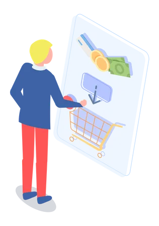 Man chooses and buys goods in online store  Illustration