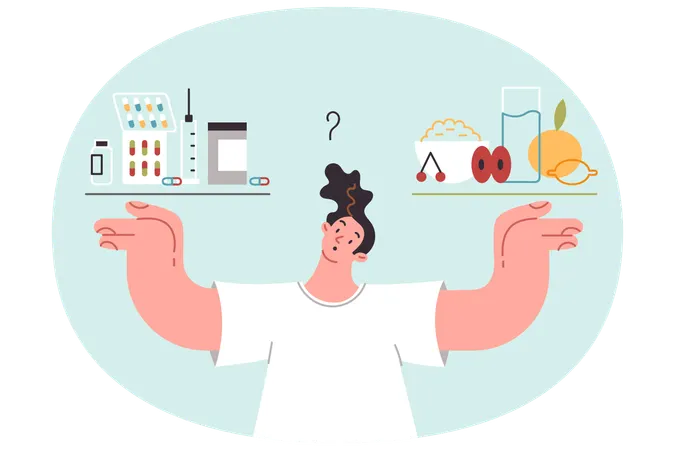 Man chooses between healthy nutrition and medications replace natural vitamins from food  Illustration