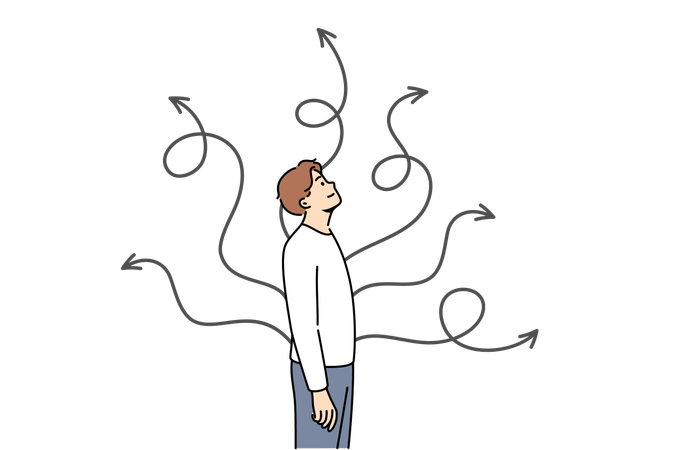 Man chooses way to solve situation and standing near arrows pointing in different directions  일러스트레이션