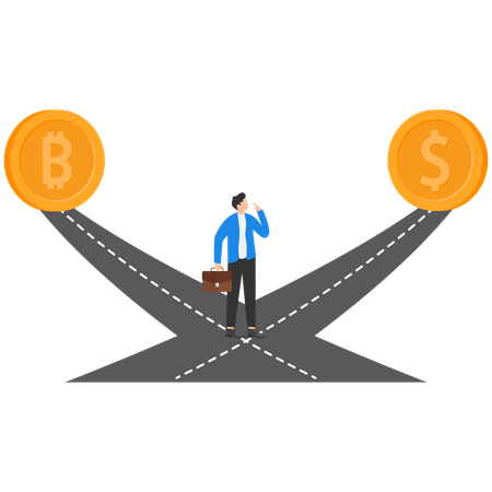 Man Choosing Between Dollar And Bitcoin  Illustration