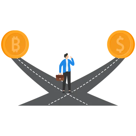 Man Choosing Between Dollar And Bitcoin  Illustration