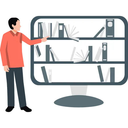 Man choosing books in library room  Illustration