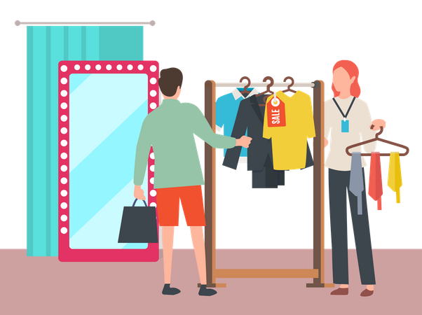 Man choosing clothes in Fashion Boutique  일러스트레이션
