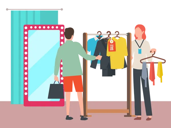 Man choosing clothes in Fashion Boutique  일러스트레이션