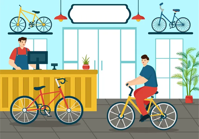 Man Choosing Cycle At Shop  Illustration