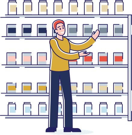 Man choosing paint color for house renovation works in store with big assortment for painting  Illustration