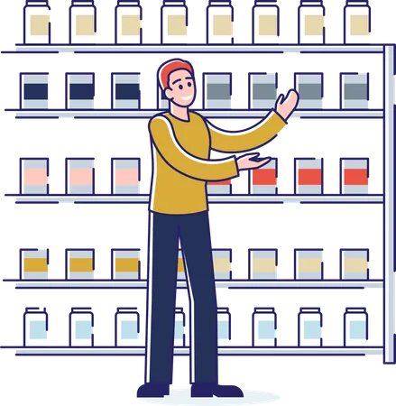 Man choosing paint color for house renovation works in store with big assortment for painting  Illustration