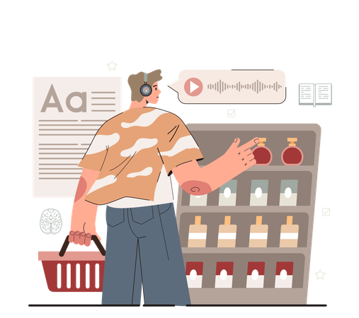 MAn choosing perfume bottle while listening shopping  Illustration