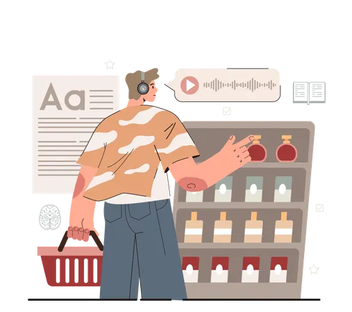 MAn choosing perfume bottle while listening shopping  Illustration