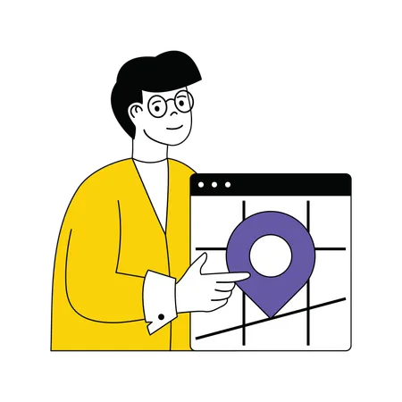 Man choosing trip location on map  Illustration