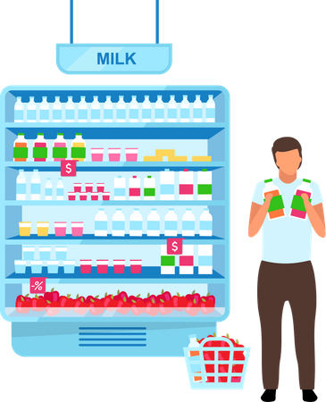 Man choosing yogurt in grocery store Illustration