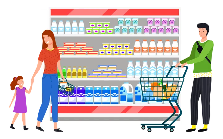 Man choosing yogurt in grocery store  Illustration