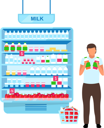 Man choosing yogurt in grocery store  Illustration