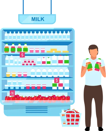 Man choosing yogurt in grocery store  Illustration