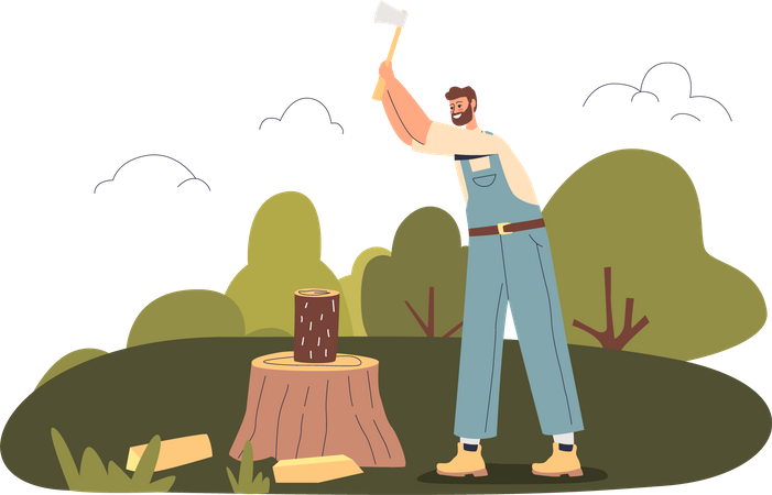 Man chopping wood for outdoor picnic Illustration
