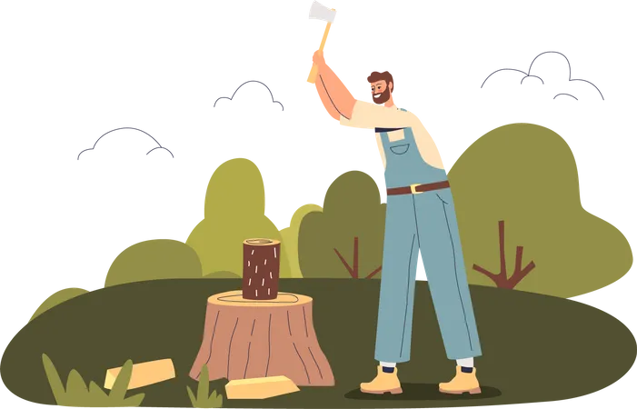 Man chopping wood for outdoor picnic  Illustration