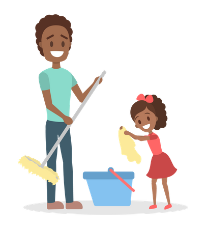 Man clean home and doing housework with daughter  일러스트레이션