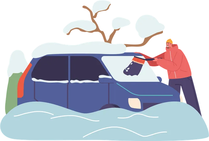 Male Character Clean Windshield Diligent Man Meticulously Clears Snow From His Car Windows Determined To Ensure A Safe And Clear View For His Winter Journey Ahead Cartoon People Vector Illustration イラスト