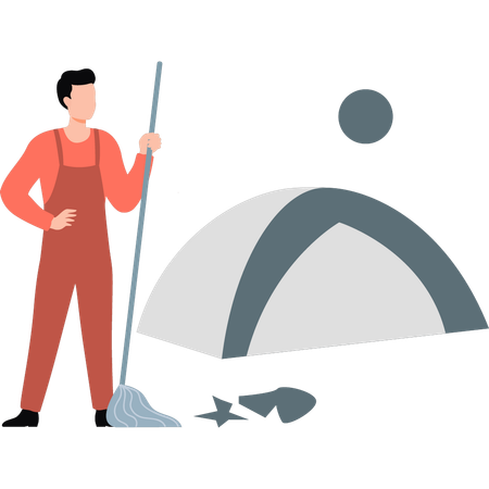 Man cleaning camping with broom  Illustration