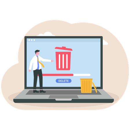 Man cleaning computer pc laptop with trash can sign  Illustration