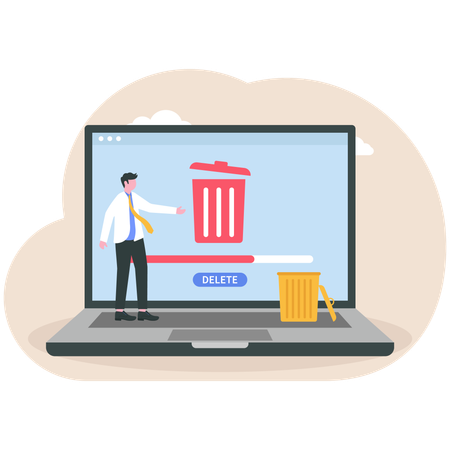 Man cleaning computer pc laptop with trash can sign  Illustration