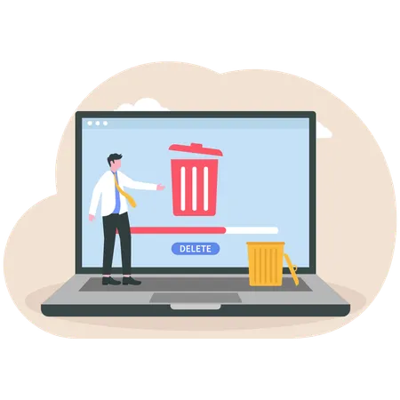 Man cleaning computer pc laptop with trash can sign  Illustration