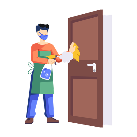 Man cleaning door using Cleaning Spray  Illustration