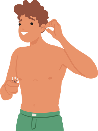 Man Cleaning Ears With earbud  Illustration