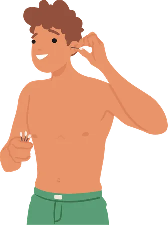 Man Cleaning Ears With earbud  Illustration