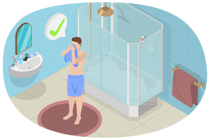 Man cleaning face using towel  Illustration