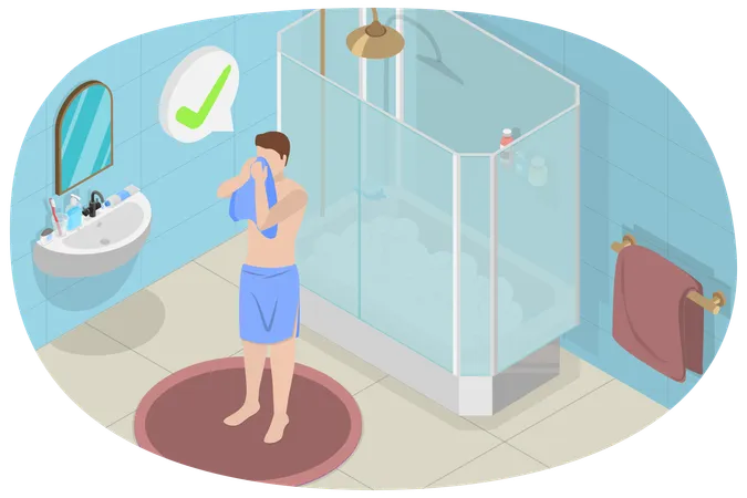 Man cleaning face using towel  イラスト