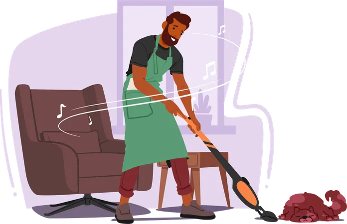 Man cleaning floor with broom  Illustration