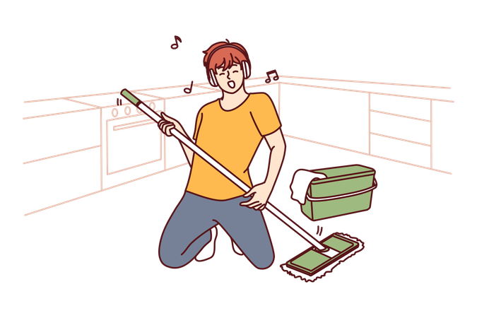 Man cleaning floor with mop stands in pose of rock musician imagining holding guitar  Illustration