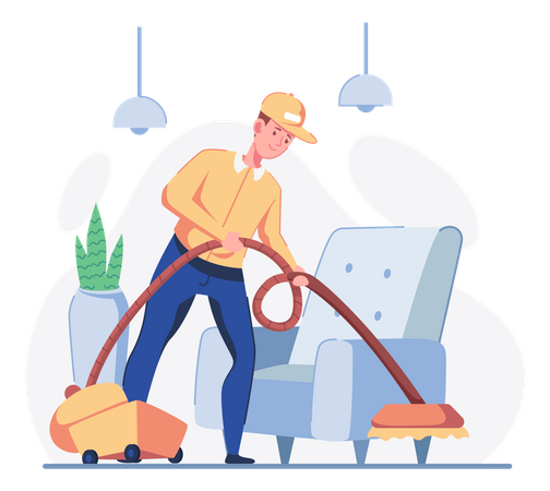 Man cleaning floor with vacuum cleaner Illustration
