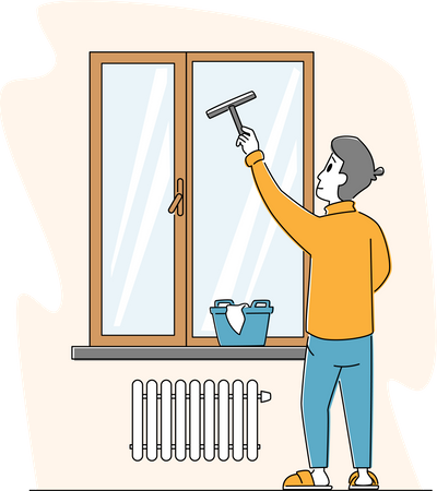 Man Cleaning Home Wiping Window with Wet Rag and Scraper  Illustration