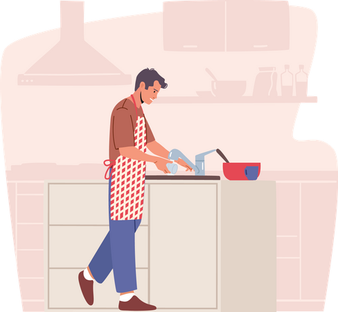 Man Cleaning Kitchenware  Illustration